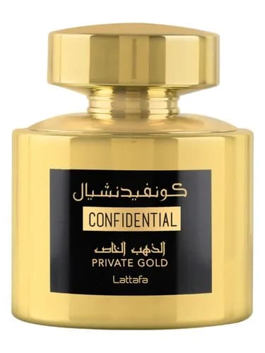 Frasco del perfume Confidential Private Gold de Lattafa Perfumes — fragancia unisex