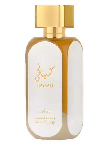 Frasco del perfume Hayaati Gold Elixir de Lattafa Perfumes — fragancia unisex
