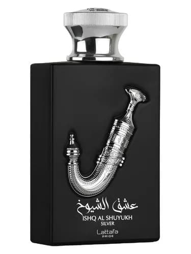 Frasco del perfume Ishq Al Shuyukh Silver de Lattafa Perfumes — fragancia unisex