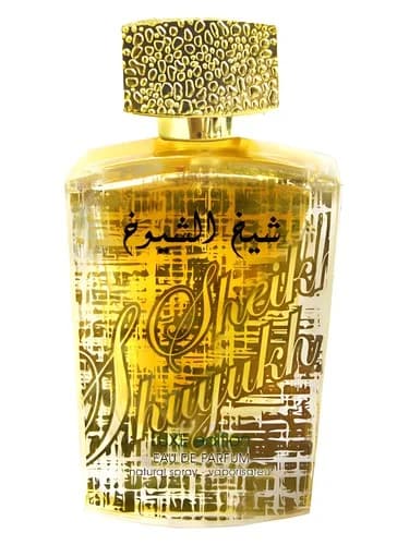 Frasco del perfume Sheikh Al Shuyukh Luxe Edition de Lattafa Perfumes — fragancia unisex
